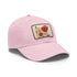 Hand-drawn white flower baseball cap with light brown patch.