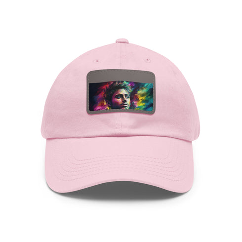 Neon dreams watercolor baseball cap with light brown rectangular patch.