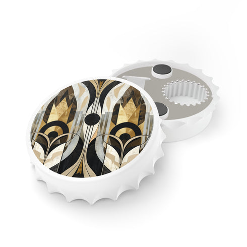 Abstract art deco patterned white magnet bottle opener.