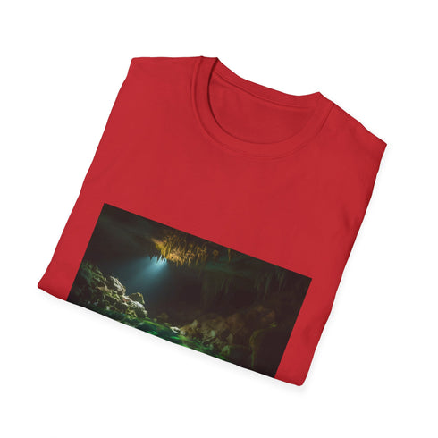 Subterranean Tapestry t-shirt: Enigmatic cave illuminated in Charcoal.