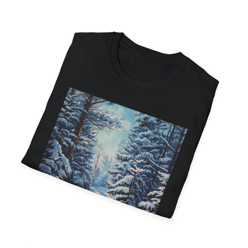 Charcoal cotton t-shirt with winter wonderland painting in ethereal hues