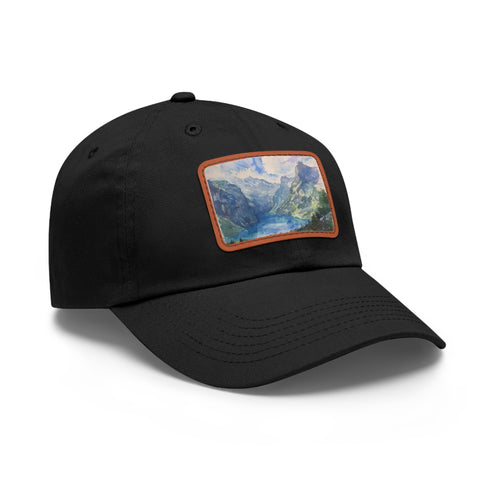 Swiss Alps watercolor baseball cap, white/light brown rectangle patch, unisex.