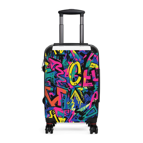 Neon graffiti small black suitcase with urban city pattern for travel.