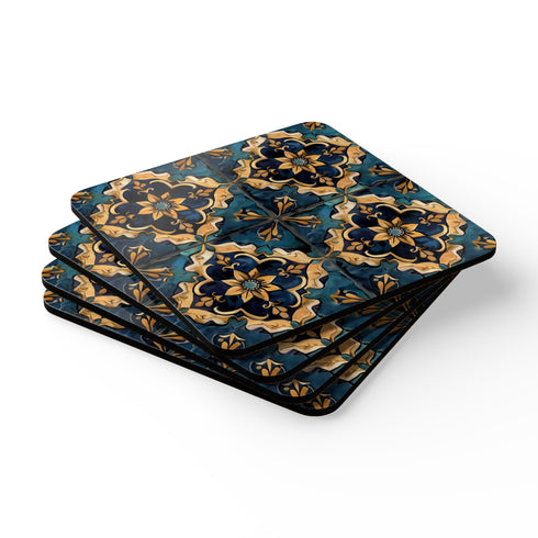 Custom corkwood coaster set with artisan tile brilliance for kitchen and desk.