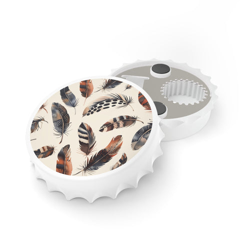 Boho Feathers Bottle Opener in White - Bohemian Style Magnet