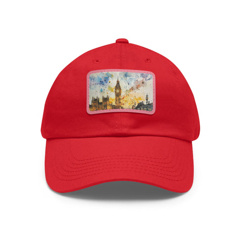 London skyline watercolor baseball cap with light brown rectangle patch.