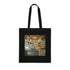 Cozy black cotton tote bag with retro camper van interior illustration.