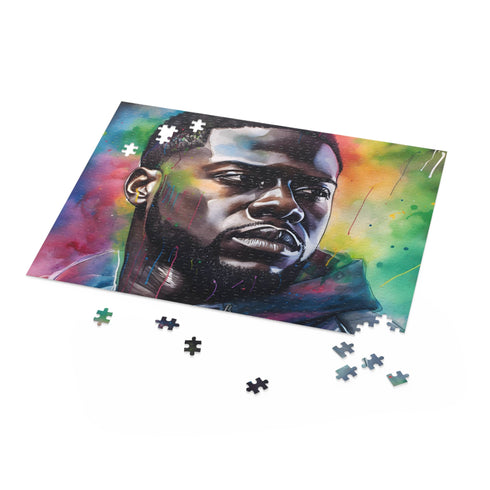Kevin Hart neon watercolor puzzle featuring iconic comedian in vibrant colors.