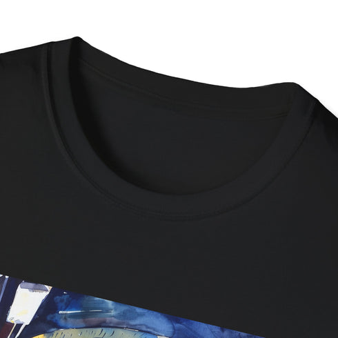 Charcoal cotton crew neck t-shirt with vibrant underground watercolor design