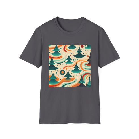Psychedelic cotton T-shirt in charcoal with vibrant 70s groovy sea patterns