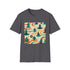 Psychedelic cotton T-shirt in charcoal with vibrant 70s groovy sea patterns