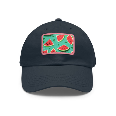 Watermelon Hawaiian print baseball cap in white with light brown patch.