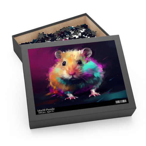 Vibrant neon hamster watercolor jigsaw puzzle for animal lovers.