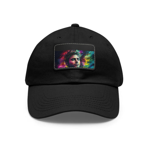Neon Zac Efron watercolor baseball cap with light brown patch.