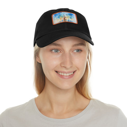 Empire State skyline watercolor hat with light brown patch.