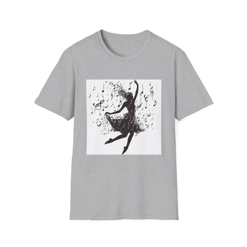 Charcoal cotton t-shirt featuring a dancer silhouette with musical notes