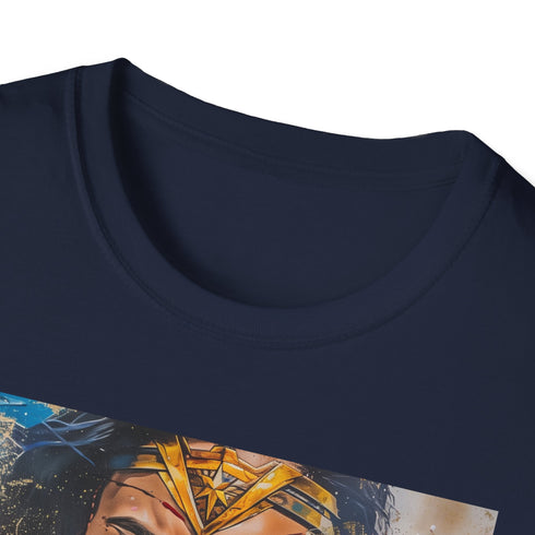Charcoal cotton t-shirt featuring vibrant Wonder Woman portrait with soft brushstrokes