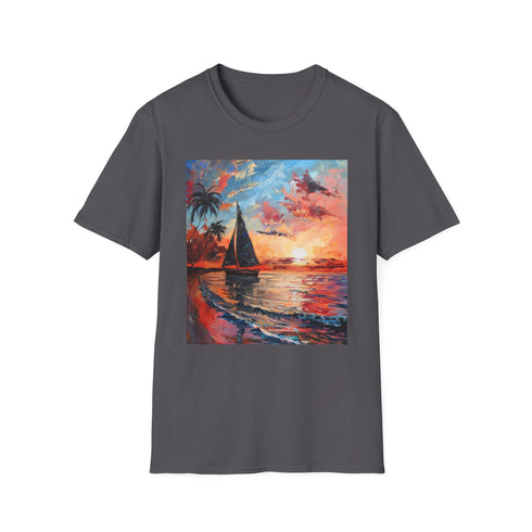 Charcoal cotton T-shirt with Boracay sunset landscape in vibrant summer hues