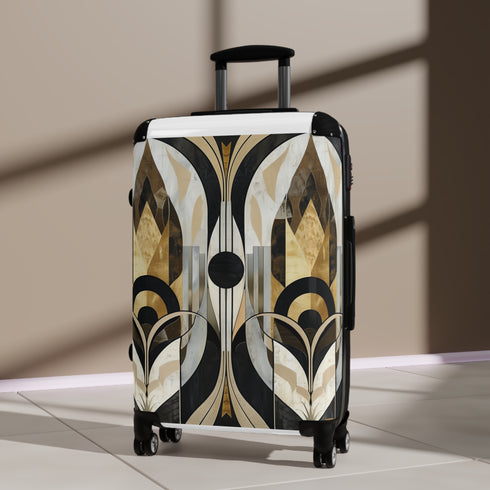 Abstract Deco Patterned Black Suitcase - Small Vintage Retro Travel Bag