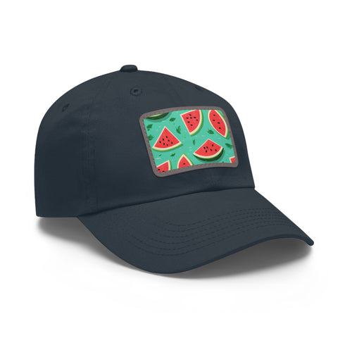 Watermelon Hawaiian print baseball cap in white with light brown patch.