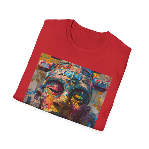 Charcoal cotton crew neck T-shirt with vibrant neon tribal mask print