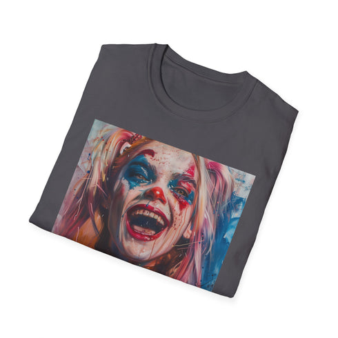 Charcoal cotton crew neck Harley Quinn t-shirt, bold brushstrokes design.