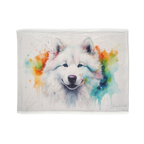 Cozy white blanket featuring Samoyed dog design in soft watercolors.