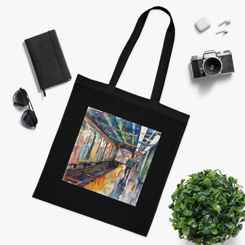 Stylish Black NYC Subway Watercolor Cotton Tote Bag for Accessories.