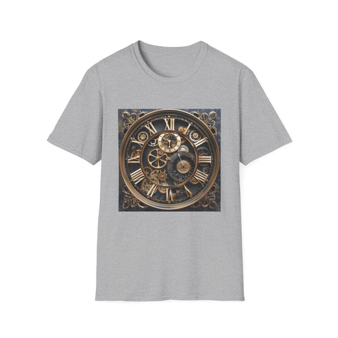 Steampunk cogs charcoal t-shirt with intricate clockwork design.