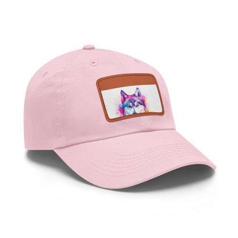 White cotton baseball cap with adorable husky design.