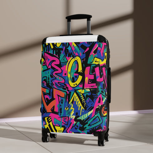 Small Black Neon Urban Graffiti Suitcase for Stylish Travelers.