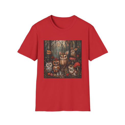 Charcoal crew neck t-shirt featuring vibrant woodland creatures and lush forest scenery