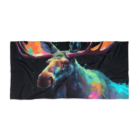 Watercolor moose beach towel, 30" x 60", soft and absorbent material.
