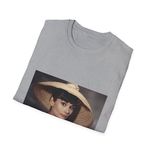 Charcoal cotton tee featuring elegant vintage-inspired Audrey Hepburn design