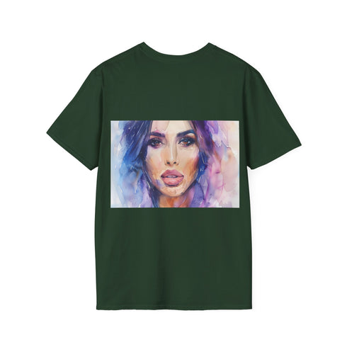 Charcoal cotton crew neck tee with vibrant watercolor design