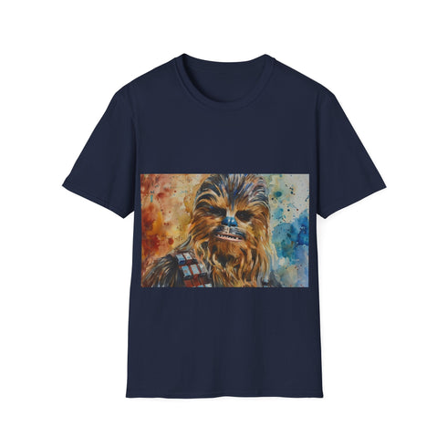 Charcoal cotton T-shirt featuring vibrant Chewbacca watercolor graphic