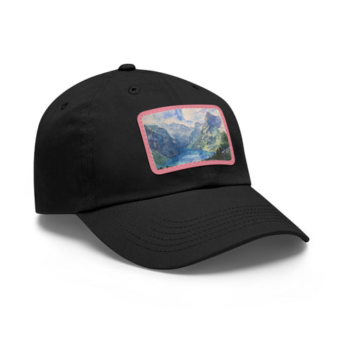 Watercolor Swiss Alps baseball cap with light brown patch.