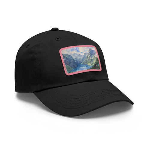 Swiss Alps watercolor baseball cap with light brown patch, rectangle shape.