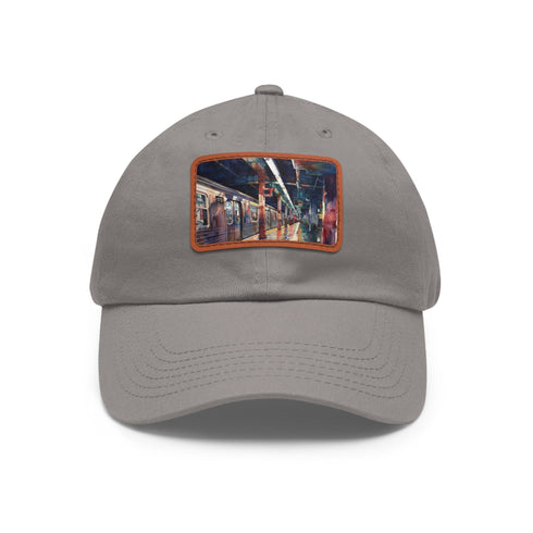 New York City Subway Sunset watercolor baseball cap, white rectangle shape.