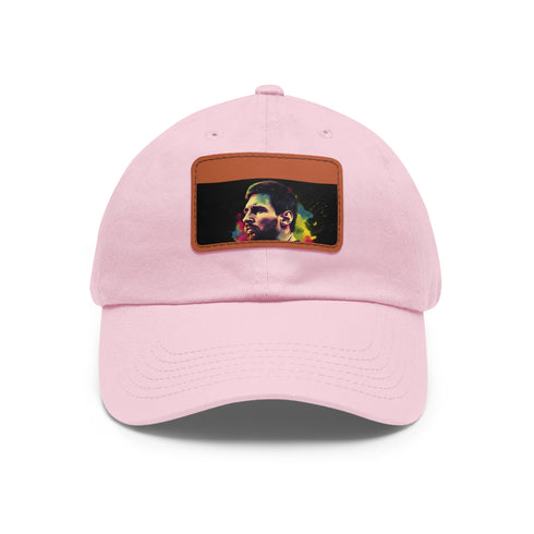 Messi neon splash cap in white with light brown rectangle patch.