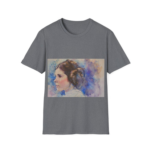 Princess Leia watercolor tee in charcoal, crew neck, Galactic Glamour.