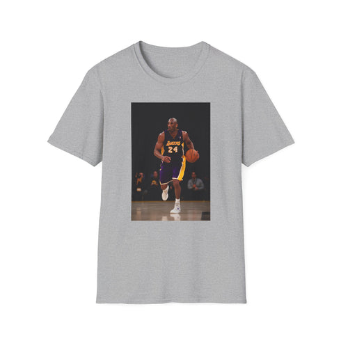 Charcoal crew neck tee with artistic Kobe Bryant Lakers design in purple and gold