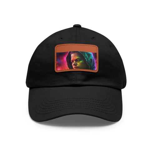Neon watercolor baseball cap with light brown rectangle patch. Vegan cotton.