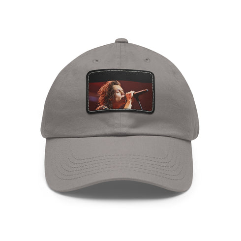 White cotton cap with light brown rectangle patch, perfect for music lovers
