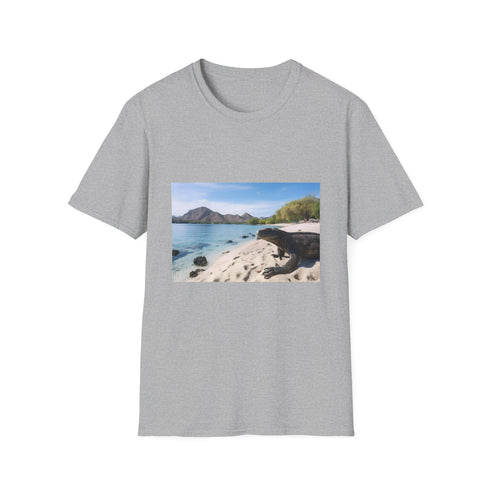Majestic charcoal T-shirt showcasing vibrant Komodo dragons, perfect for summer adventures.