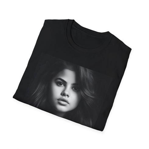 Selena Gomez Charcoal Cotton T-Shirt with Radiant Brush Stroke Design