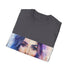 Charcoal cotton crew neck tee with vibrant watercolor design