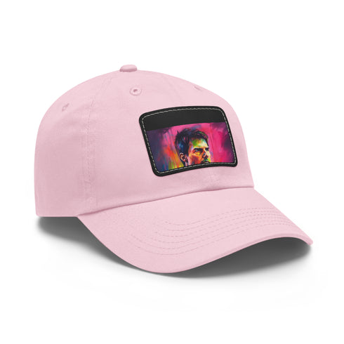 Neon watercolor baseball cap with light brown patch, rectangle shape.