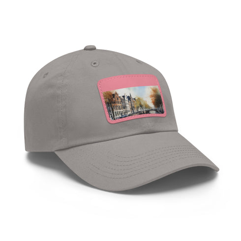Trendy Amsterdam Skyline Snapback Cap, White with Light Brown Patch.