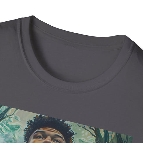 Charcoal crew neck cotton t-shirt featuring vibrant Giannis portrait design.